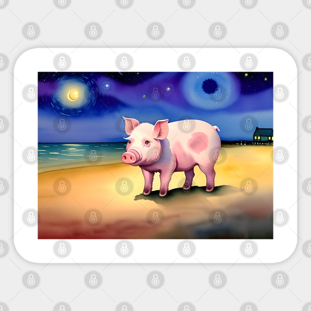 Pig on a beach at night Sticker by Perfect Sense